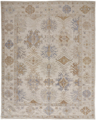 10' X 14' Ivory Tan And Blue Floral Hand Knotted Stain Resistant Area Rug