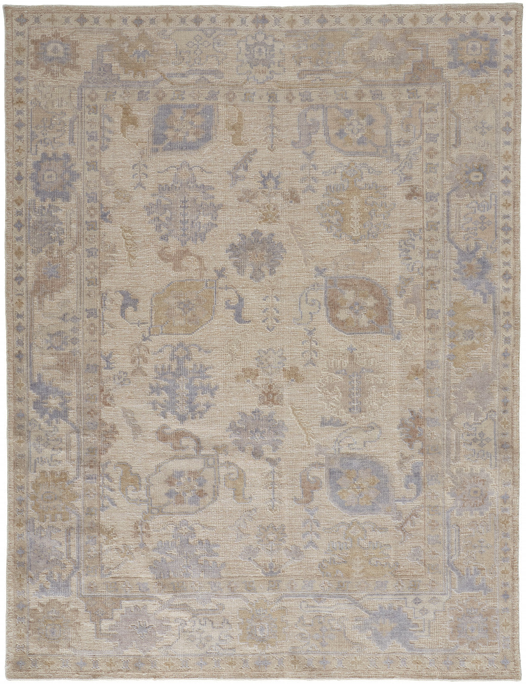 4' X 6' Tan Orange And Blue Floral Hand Knotted Stain Resistant Area Rug