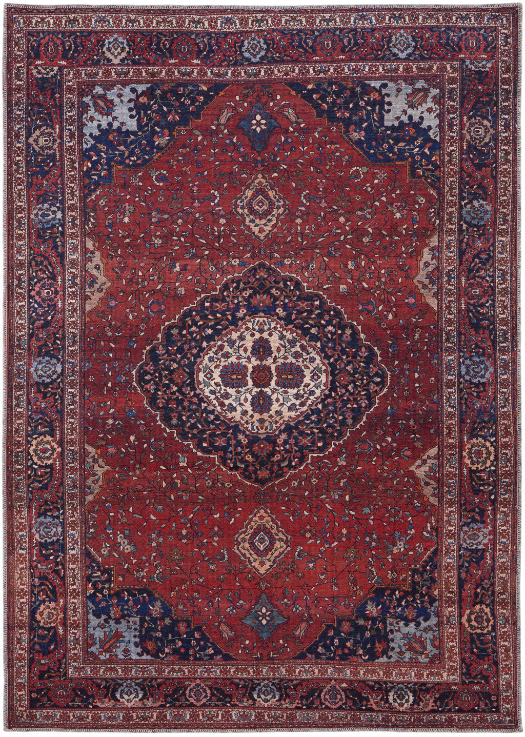 9' X 12' Red Blue And Tan Floral Power Loom Area Rug