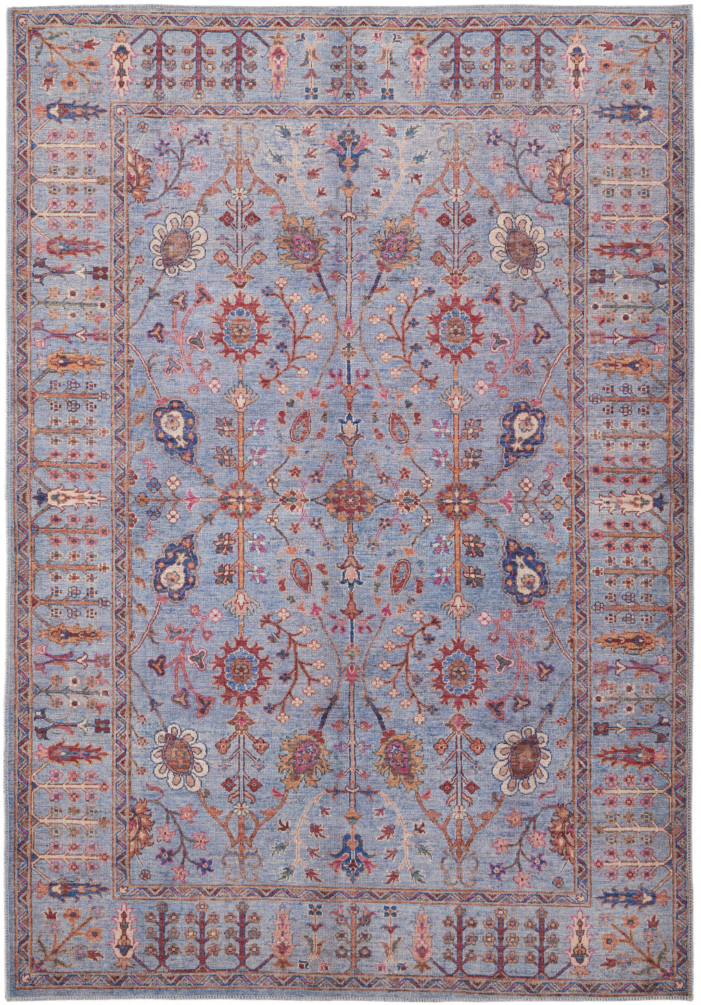 5' X 8' Gray Blue And Red Floral Power Loom Area Rug