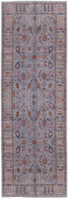 8' Gray Blue And Red Floral Power Loom Runner Rug