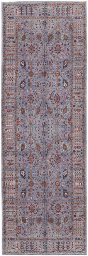 8' Gray Blue And Red Floral Power Loom Runner Rug