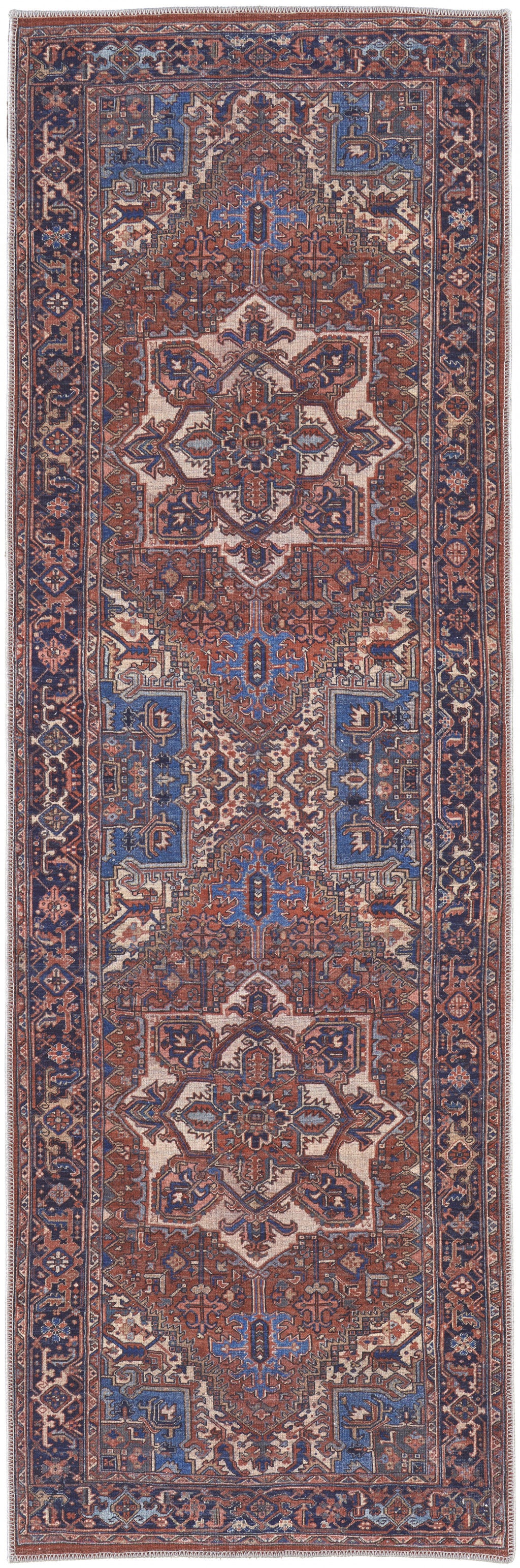 8' Red Tan And Blue Floral Power Loom Runner Rug