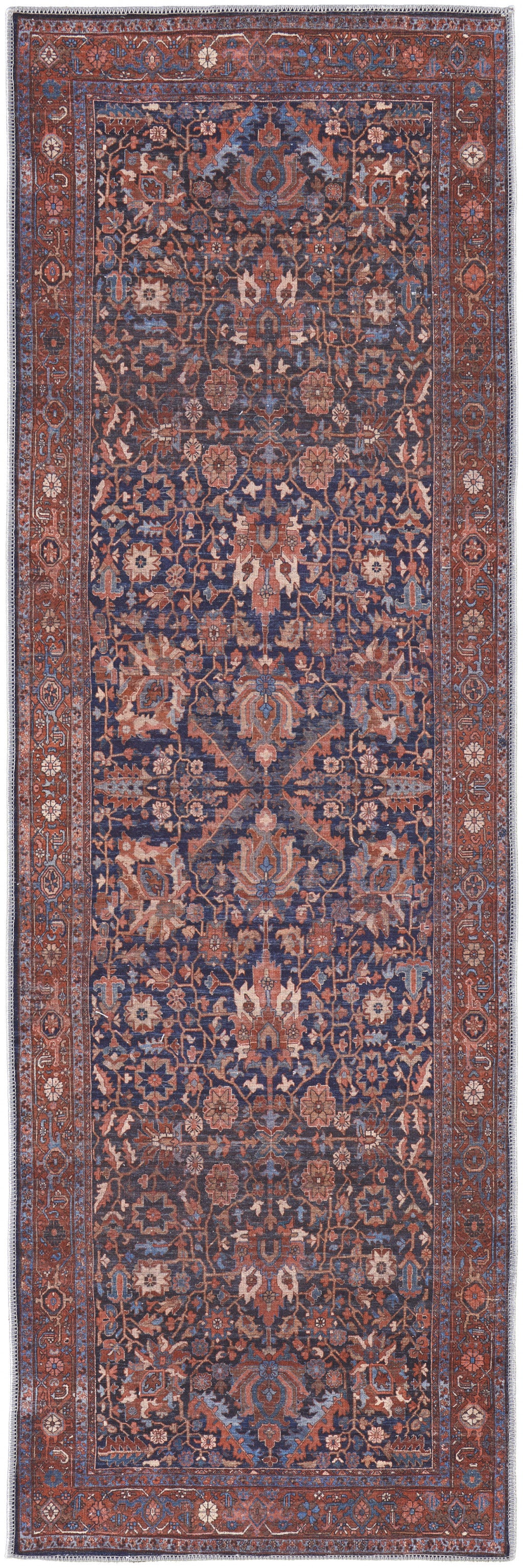 8' Red Orange And Blue Floral Power Loom Runner Rug