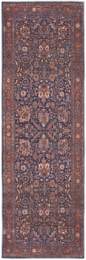 8' Red Orange And Blue Floral Power Loom Runner Rug