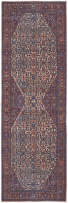 8' Red Tan And Blue Floral Power Loom Runner Rug