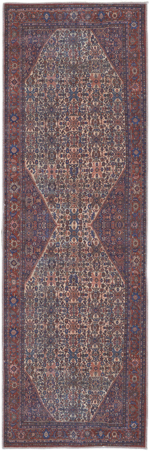 8' Red Tan And Blue Floral Power Loom Runner Rug