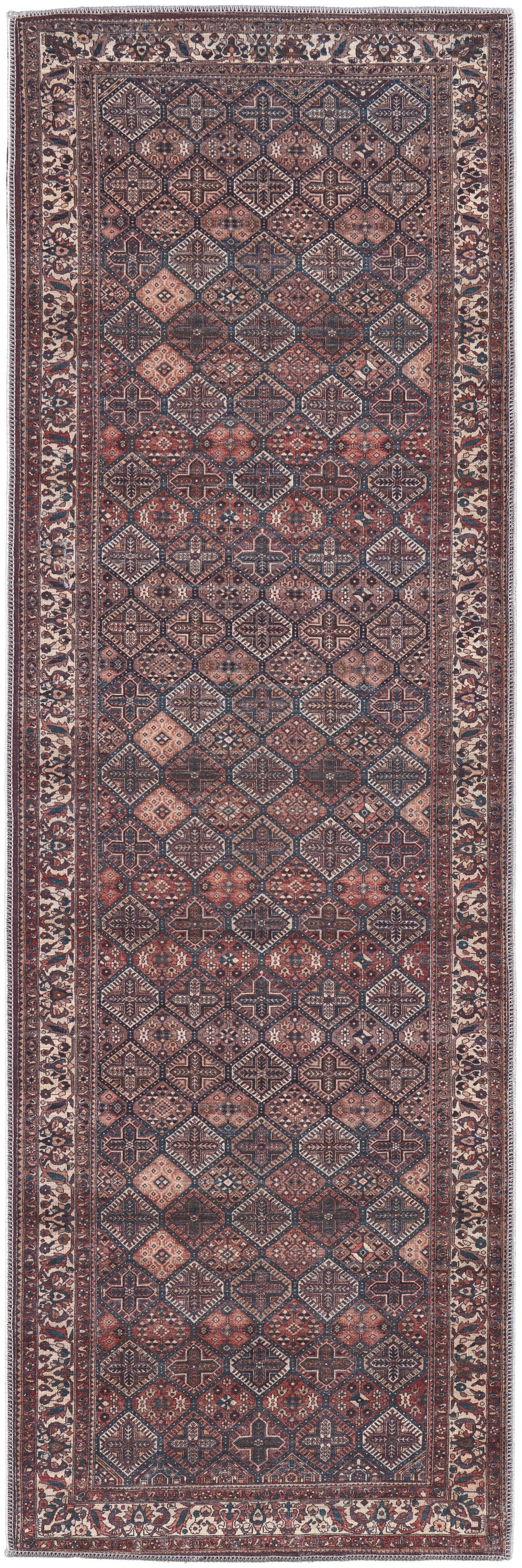 8' Brown Red And Ivory Floral Power Loom Runner Rug