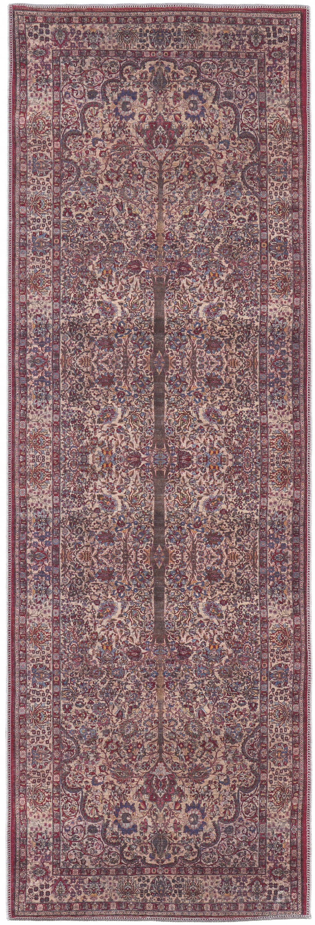 8' Red Tan And Pink Floral Power Loom Runner Rug