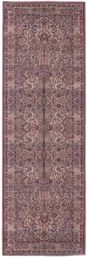 8' Red Tan And Pink Floral Power Loom Runner Rug