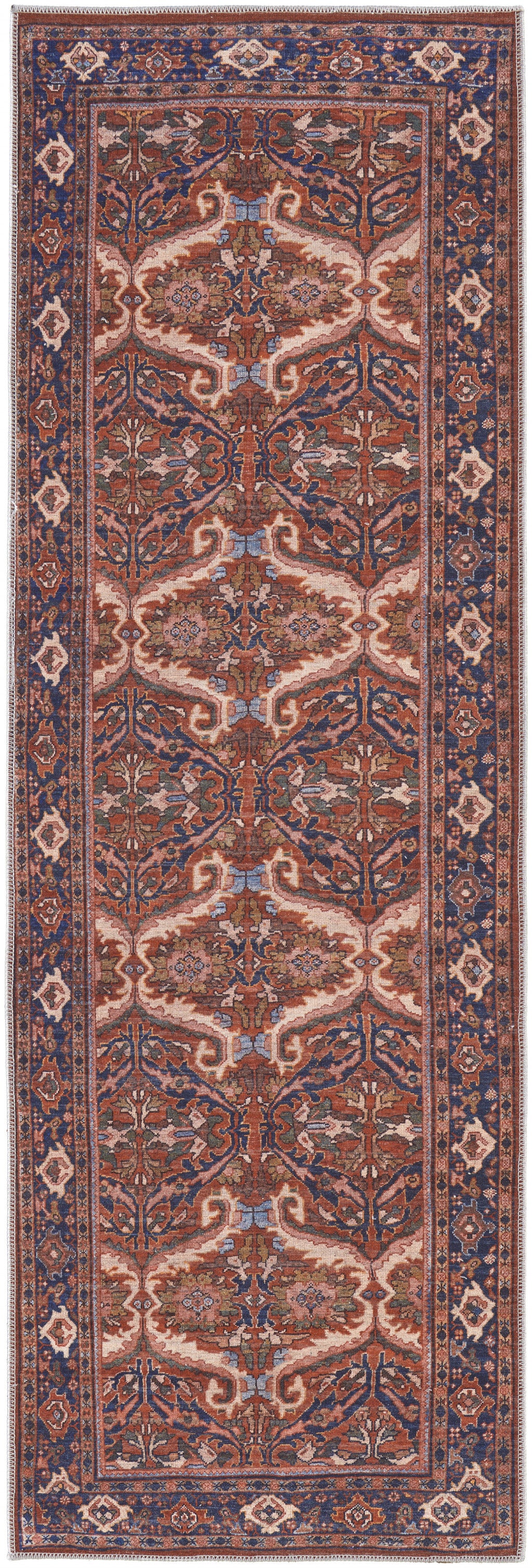 8' Red Tan And Blue Floral Power Loom Runner Rug