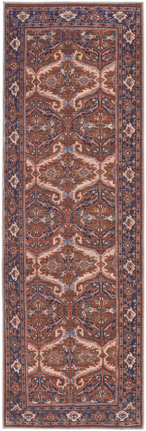 8' Red Tan And Blue Floral Power Loom Runner Rug