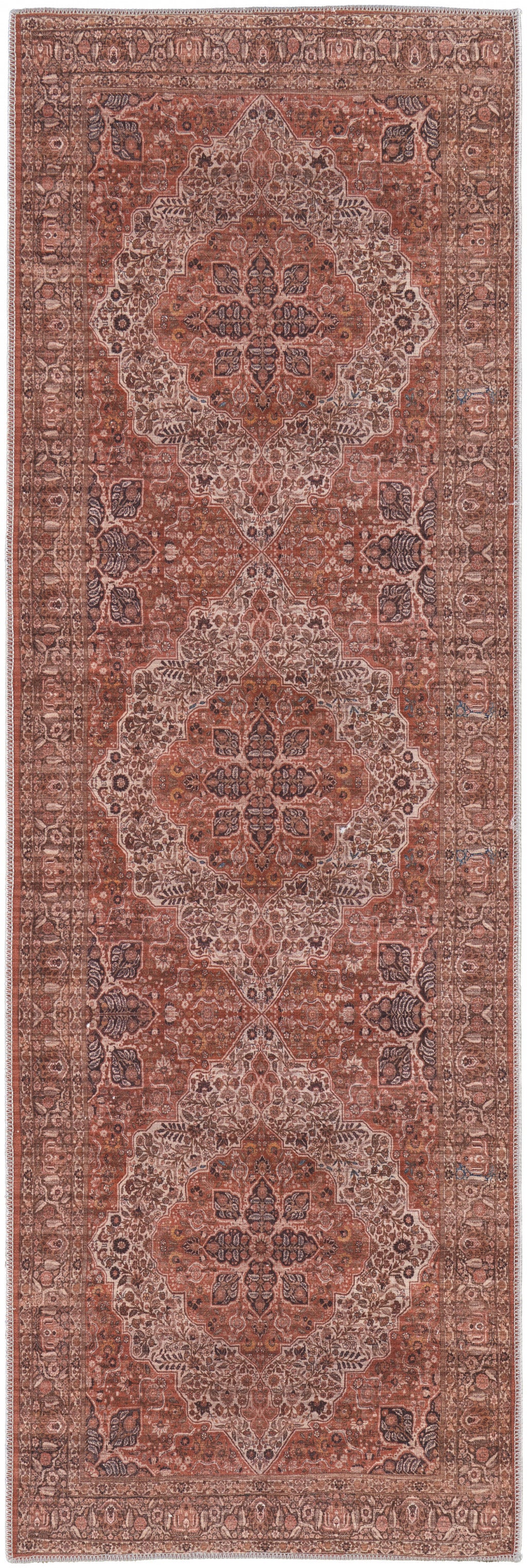 8' Red Tan And Pink Floral Power Loom Runner Rug