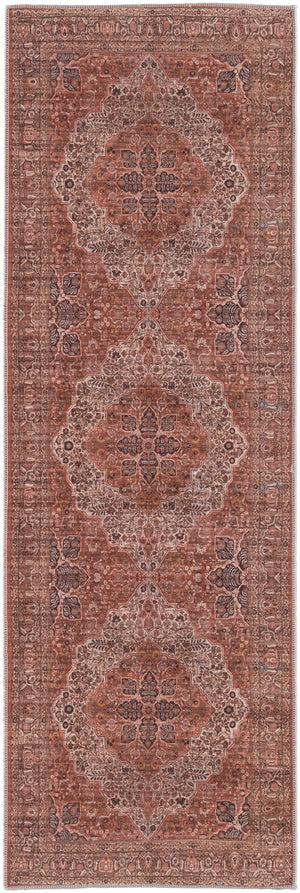 8' Red Tan And Pink Floral Power Loom Runner Rug