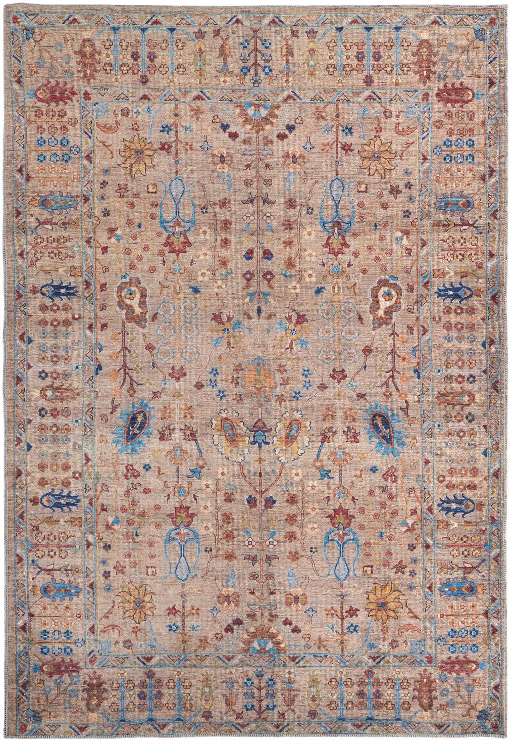 5' X 8' Tan Pink And Blue Floral Power Loom Area Rug