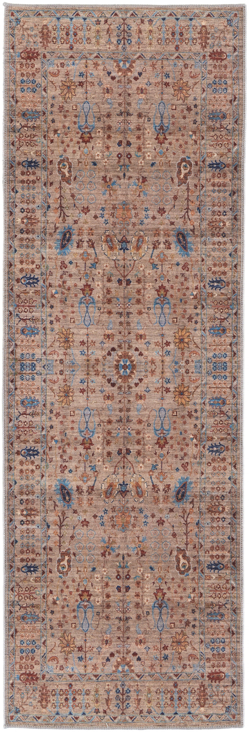 8' Tan Pink And Blue Floral Power Loom Runner Rug