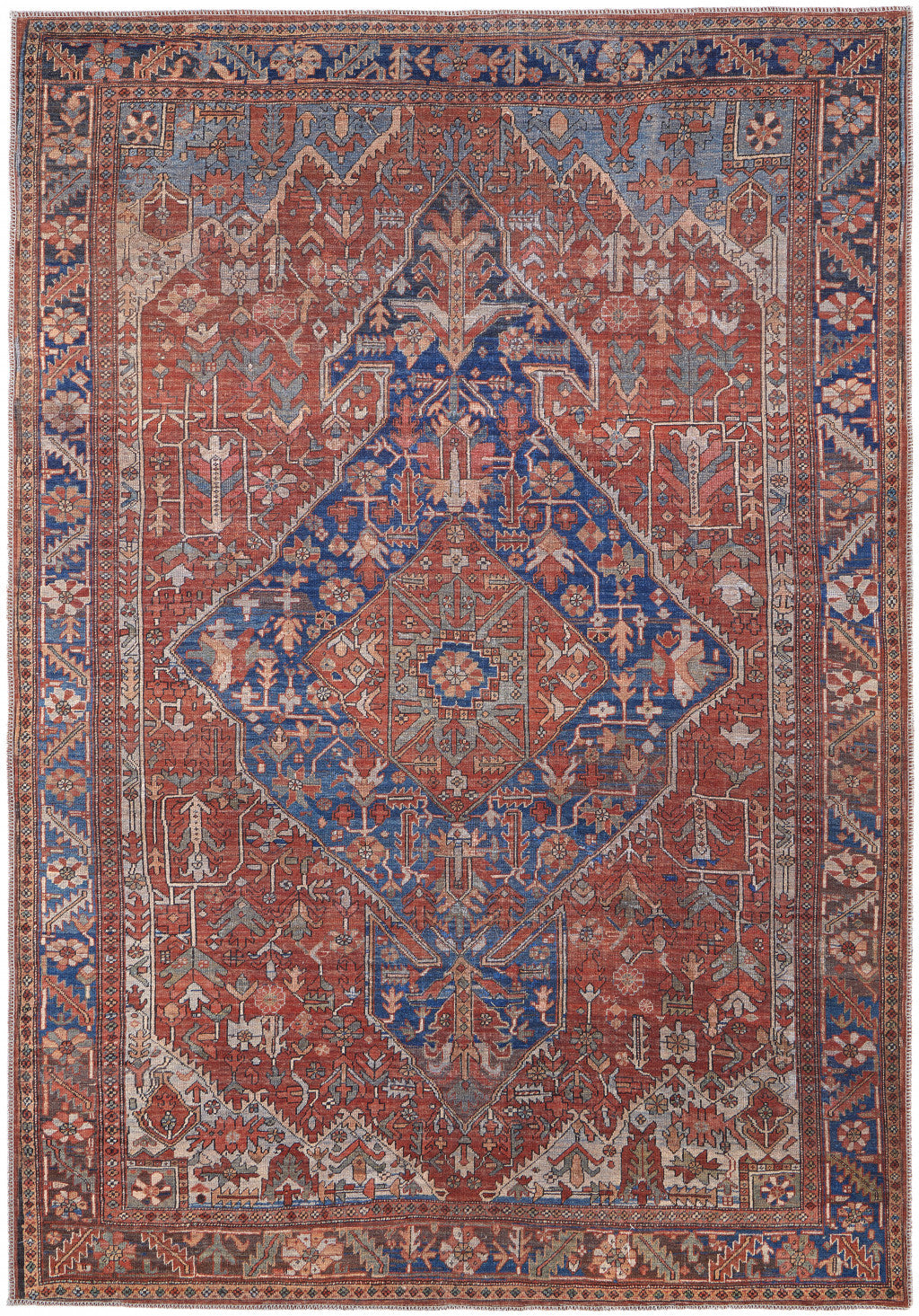 5' X 8' Red Tan And Blue Floral Power Loom Area Rug