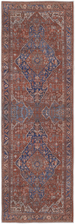 8' Red Tan And Blue Floral Power Loom Runner Rug