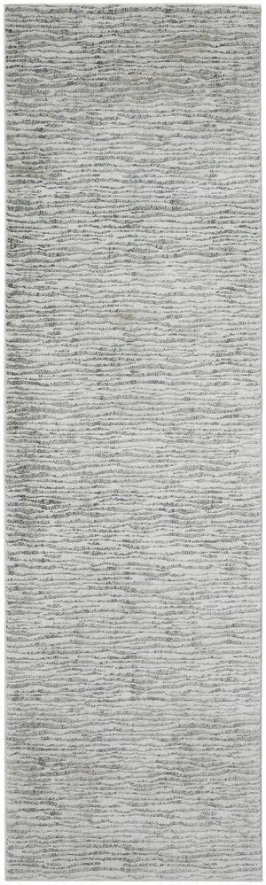 10' Gray Green And Ivory Striped Distressed Stain Resistant Runner Rug