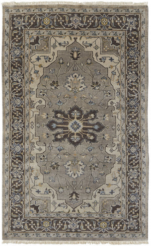 2' X 3' Gray Taupe And Blue Wool Floral Hand Knotted Stain Resistant Area Rug