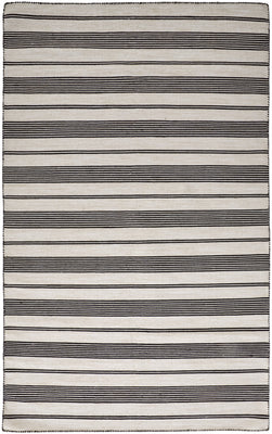 2' X 3' Black And White Striped Dhurrie Hand Woven Stain Resistant Area Rug