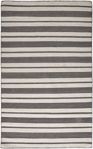 2' X 3' Black And White Striped Dhurrie Hand Woven Stain Resistant Area Rug