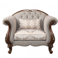 48" Beige Fabric And Cherry Floral Arm Chair