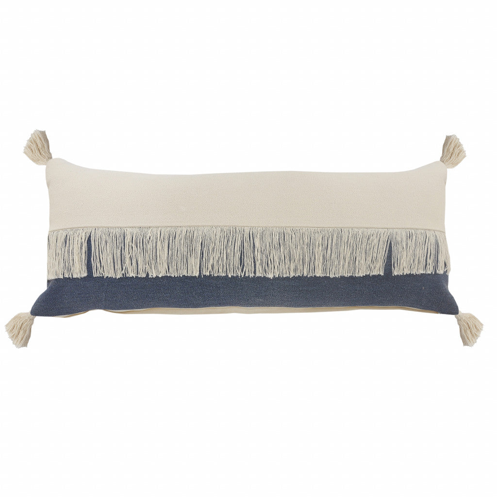 14" X 36" Denim Blue And Off-White 100% Cotton Zippered Pillow