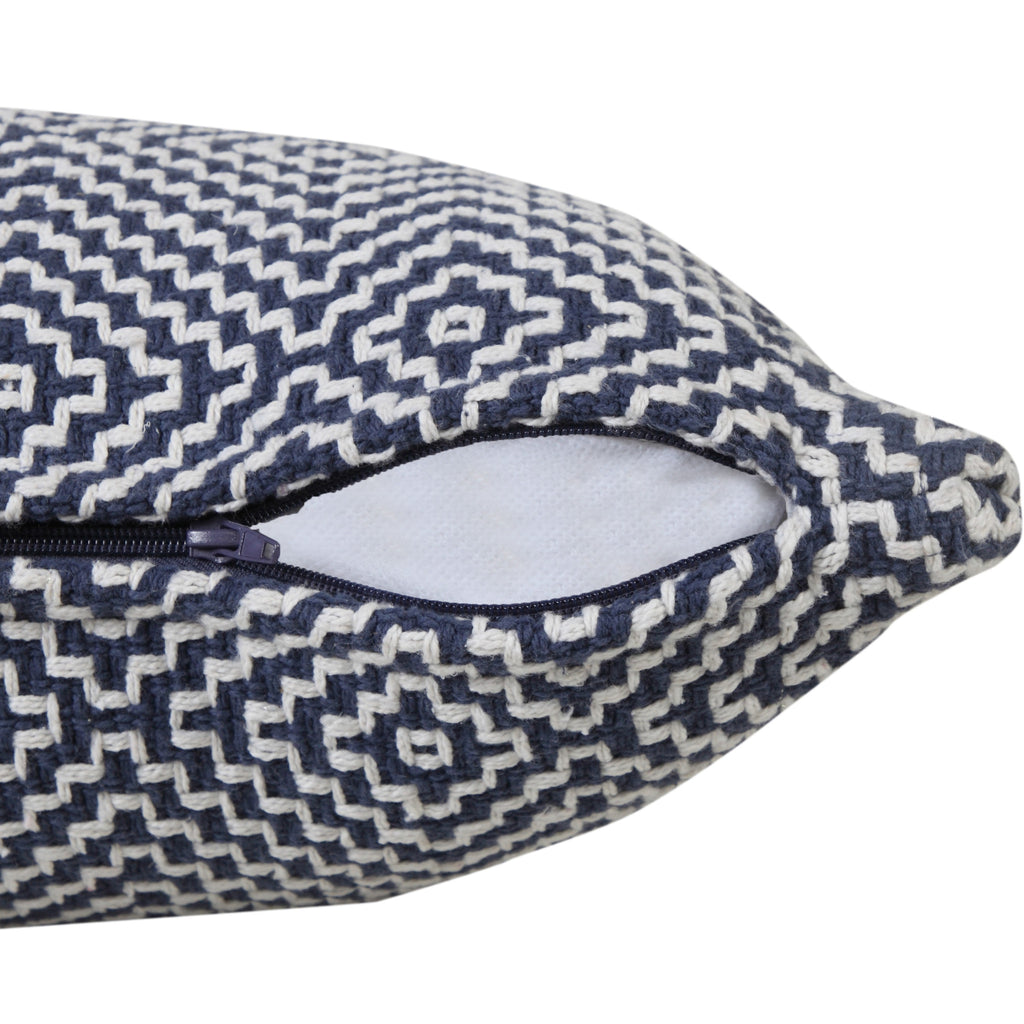 14" X 36" Blue And White 100% Cotton Geometric Zippered Pillow