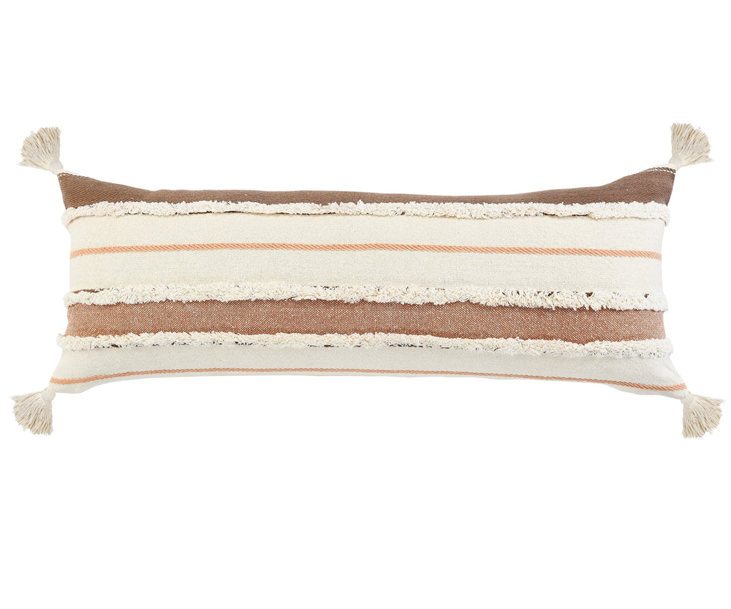 14" X 36" Brown And Off-White 100% Cotton Striped Zippered Pillow