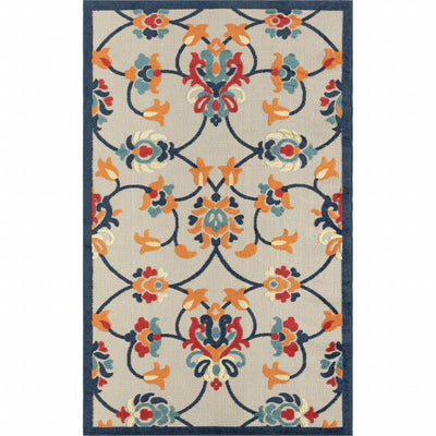 2' X 3' Blue And Orange Floral Non Skid Indoor Outdoor Area Rug