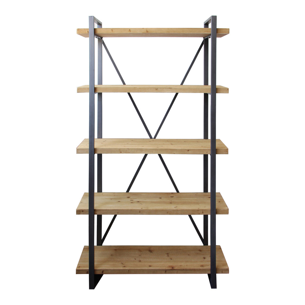 78" Natural Wood and Metal Five Tier Modern Industrial Bookcase