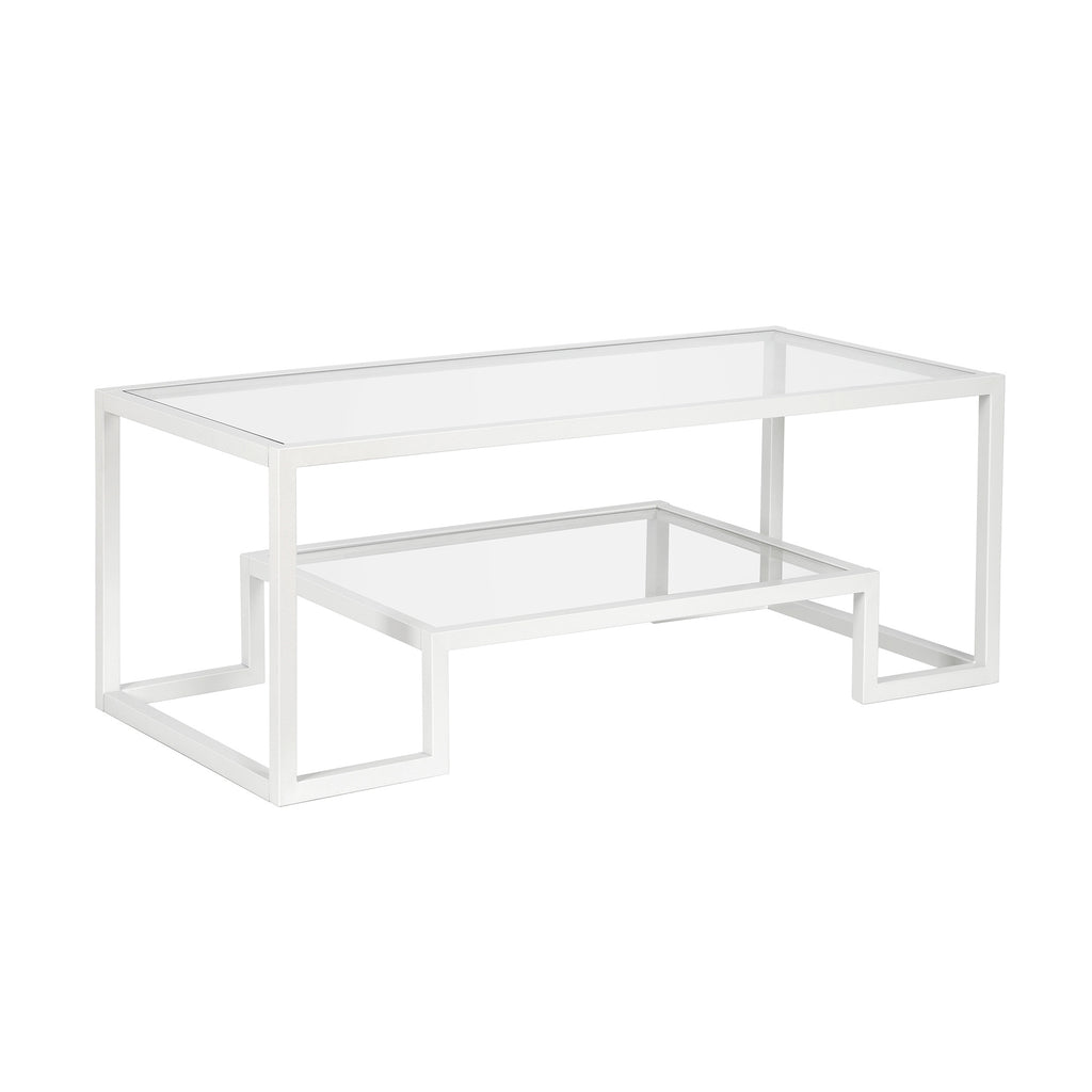 45" White Glass Rectangular Coffee Table With Shelf