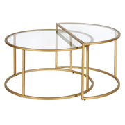 Set Of Two 33" Gold Glass Half-Circle Nested Coffee Tables