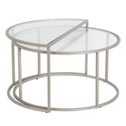Set Of Two 33" Silver Glass Half-Circle Nested Coffee Tables