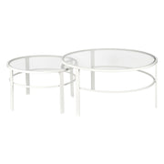 Set Of Two 36" White Glass Round Nested Coffee Tables
