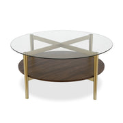 36" Gold Glass Round Coffee Table With Shelf