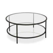 36" Black Glass Round Coffee Table With Shelf