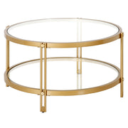 32" Gold Glass Round Coffee Table With Shelf