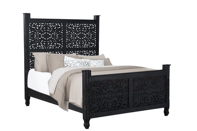 Carved Solid Wood Queen Black Bed