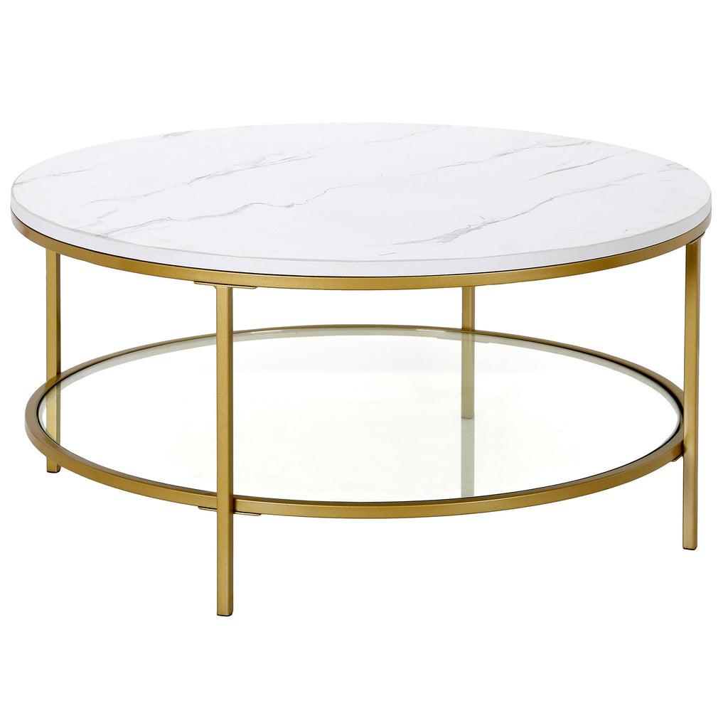 36" Gold Faux Marble Round Coffee Table With Shelf