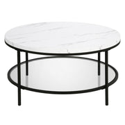 36" Black Faux Marble Round Coffee Table With Shelf