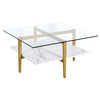 32" Gold And White Glass Square Coffee Table With Shelf