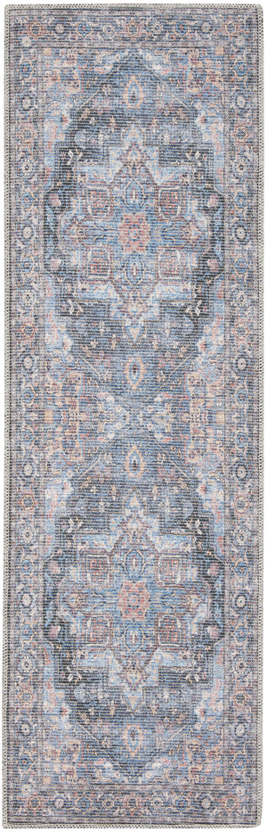 10' Blue Floral Power Loom Distressed Washable Runner Rug