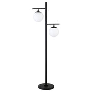 71" Black Two Light Tree Floor Lamp With White Frosted Glass Globe Shade
