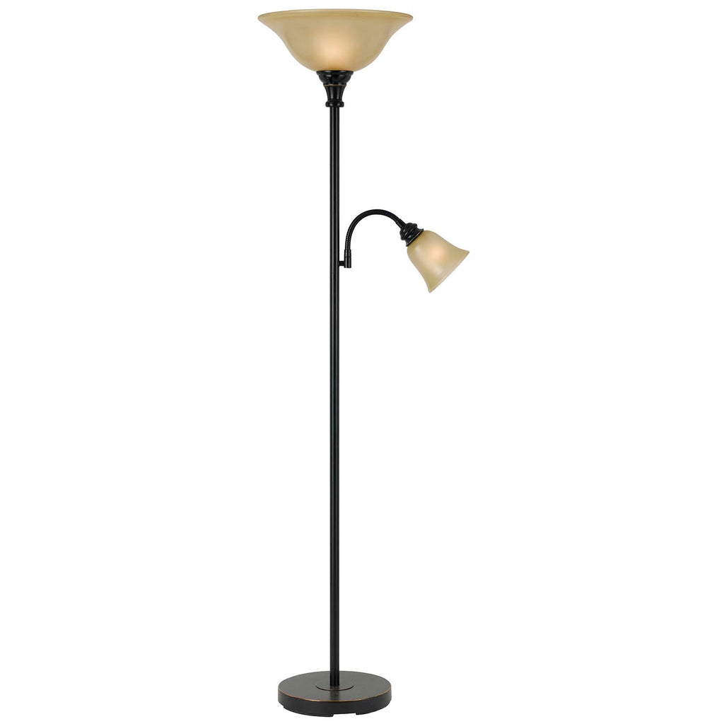 71" Bronze Two Light Torchiere Floor Lamp With Brown Frosted Glass Dome Shade