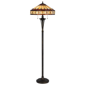 61" Bronze Two Light Traditional Shaped Floor Lamp With Purple And Ivory Abstract Tiffany Glass Empire Shade