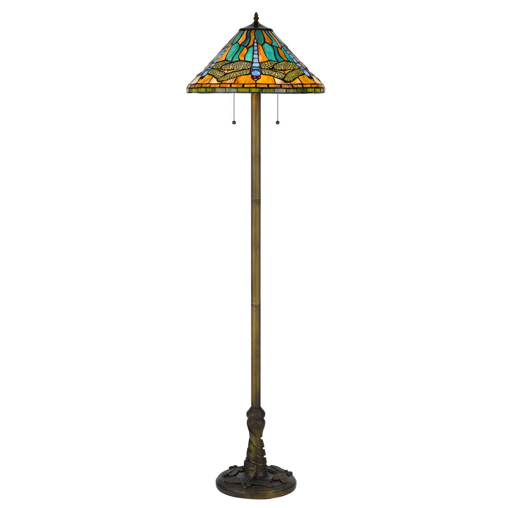 63" Brass Two Light Traditional Shaped Floor Lamp With Blue And Orange Dragonfly Tiffany Glass Empire Shade