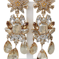 Gold Brass Clear Crystal Strass Star Dangling Clip On Earrings