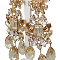 Gold Brass Clear Crystal Strass Star Dangling Clip On Earrings